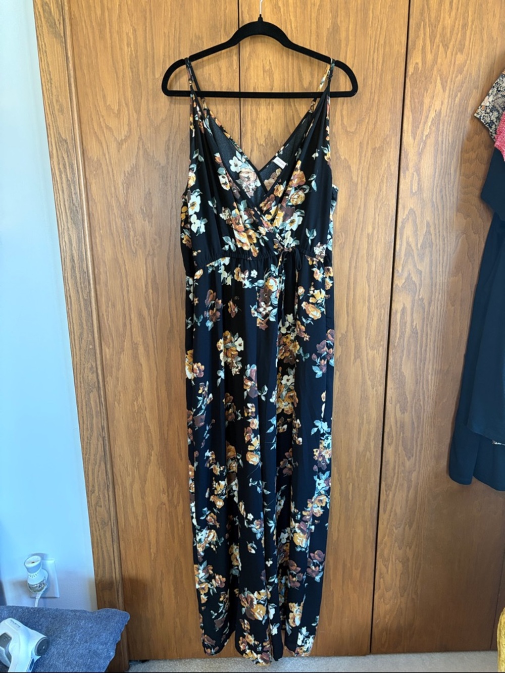 Xhilaration Black Floral Jumpsuit with Yellow & Teal Accents